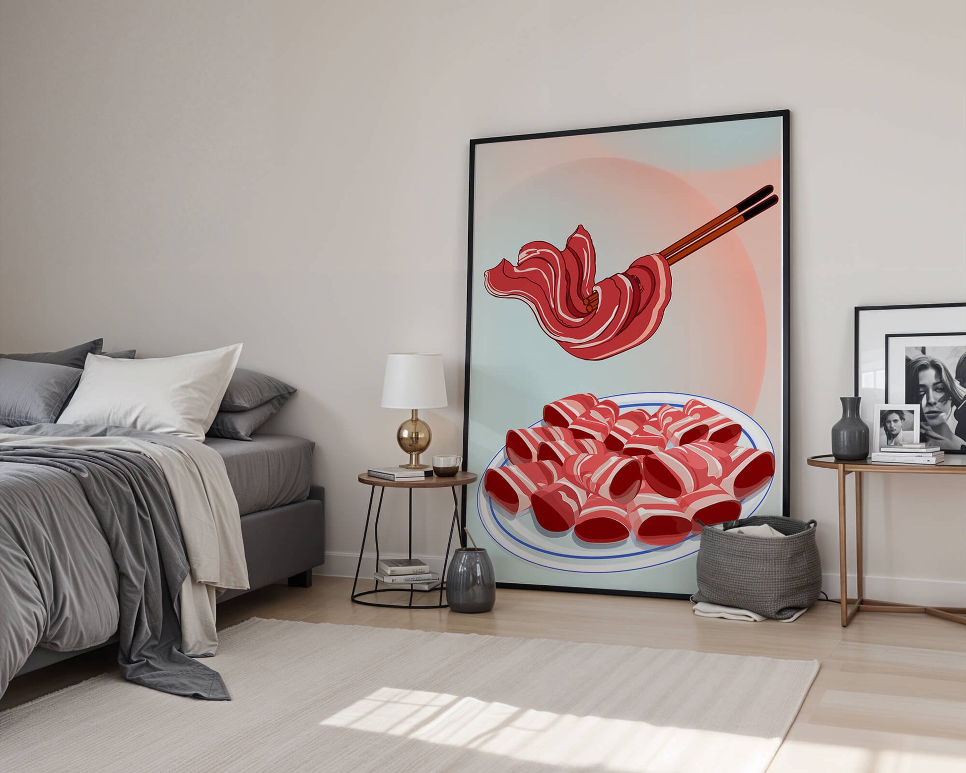 Delicious raw meat slices on plate with chopsticks in background