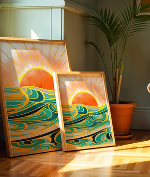 Sunrise over stylized ocean waves with gold accents