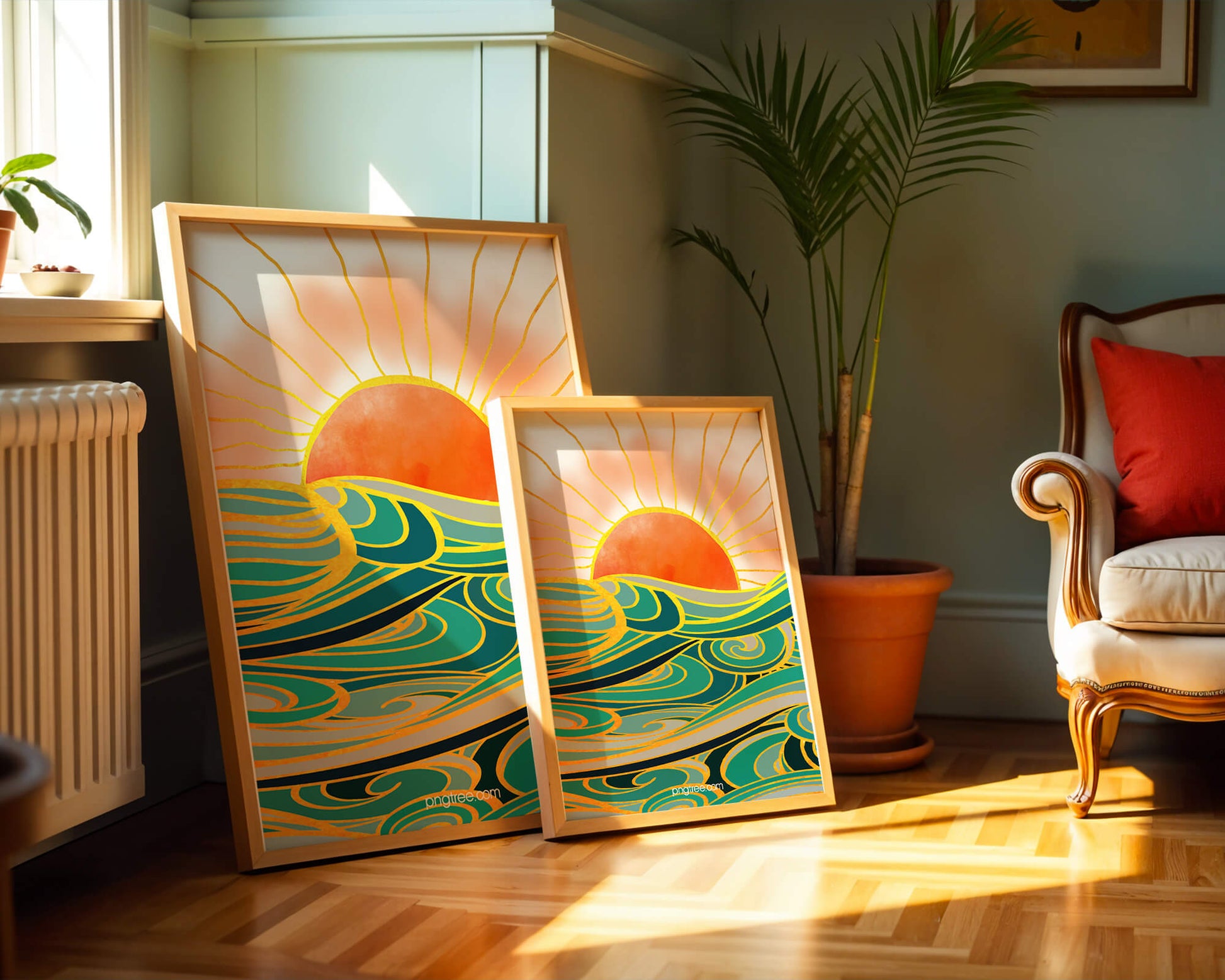 Sunrise over stylized ocean waves with gold accents