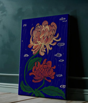 Colorful chrysanthemum illustration on dark blue background