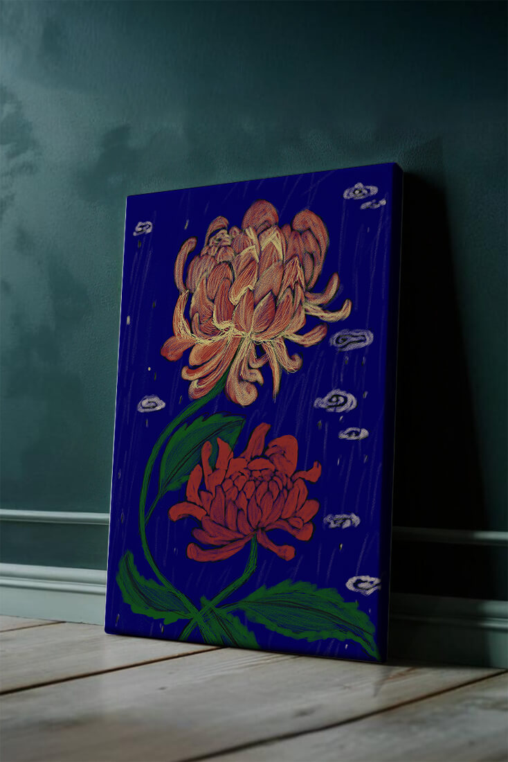 Colorful chrysanthemum illustration on dark blue background