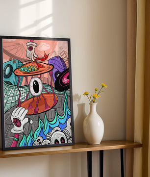 Ilustración abstracta surrealista colorida con un ojo vívido y elementos surrealistas