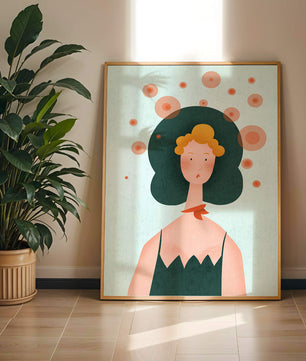 Whimsical Portrait of a Woman with Green Hair and Abstract Circles - Mi tienda