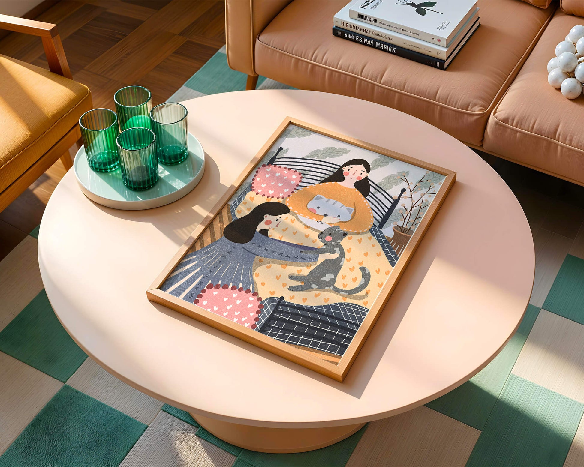 Escena interior acogedora con mujeres, gatos y elementos decorativos