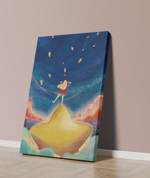 Girl standing on a golden hill reaching for stars in a dreamy night sky