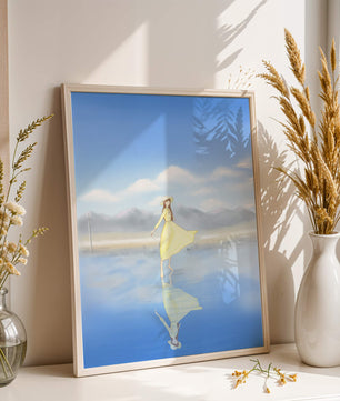Woman in yellow dress standing on reflective water against clear sky