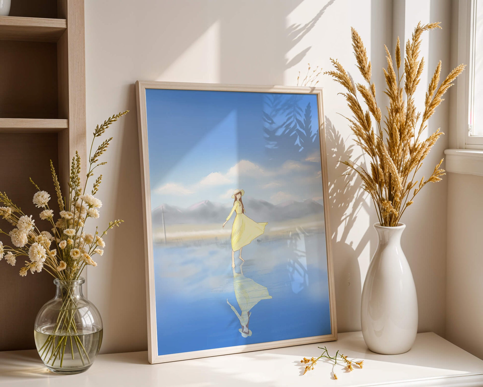 Woman in yellow dress standing on reflective water against clear sky