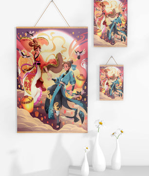 Dynamic anime scene with traditional attire and lanterns