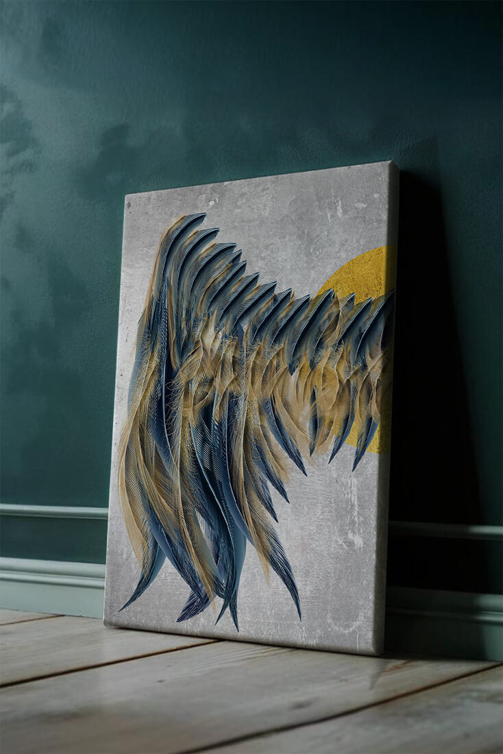 Arte abstracto de plumas con detalles dorados sobre fondo texturizado
