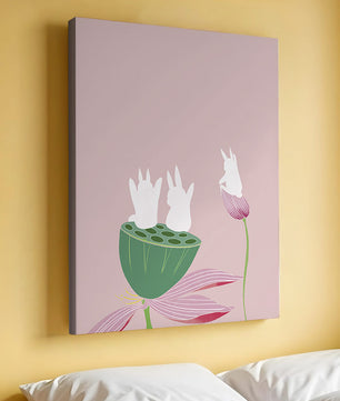 Whimsical Rabbits on Lotus with Pink Background