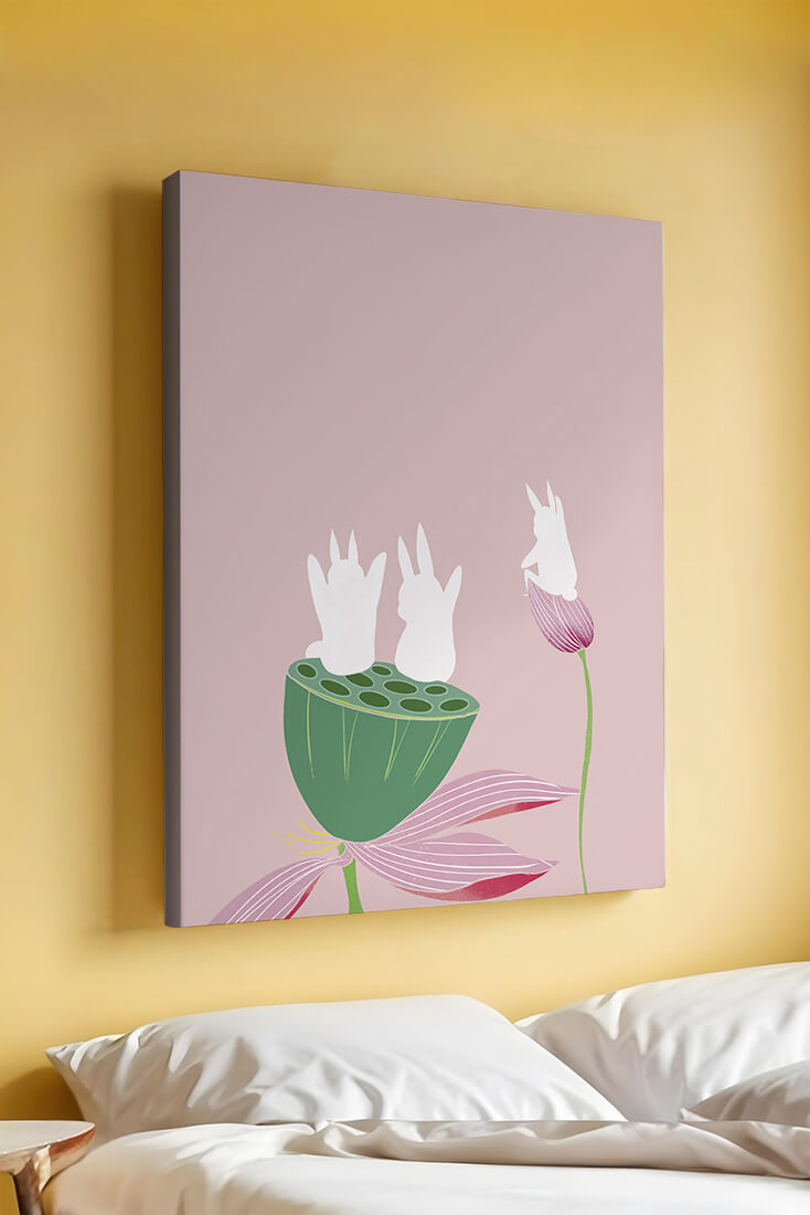 Whimsical Rabbits on Lotus with Pink Background