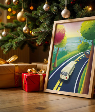 Scenic Road Trip with Vibrant Trees and Sunset