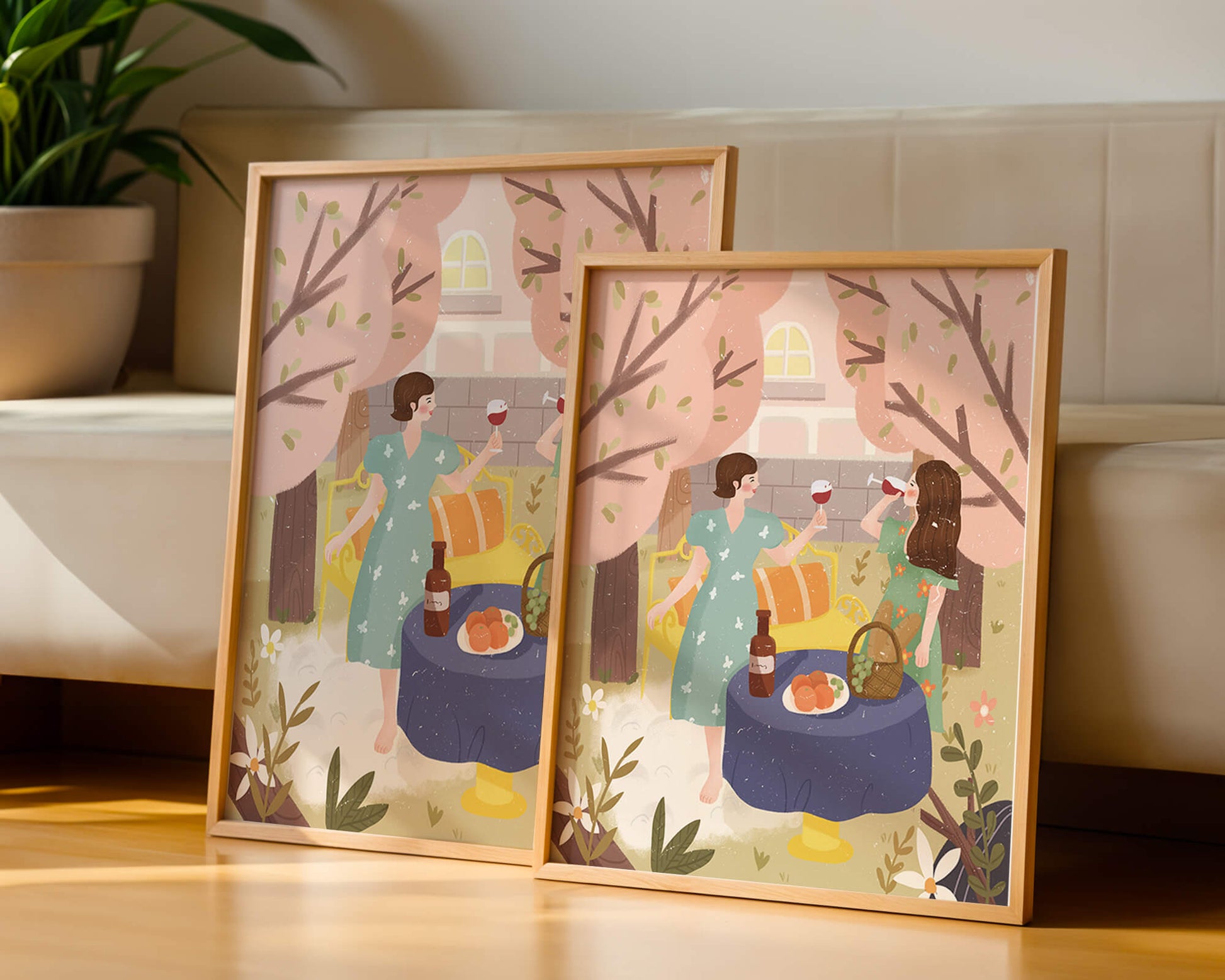 Reunión primaveral en el jardín con vino y frutas