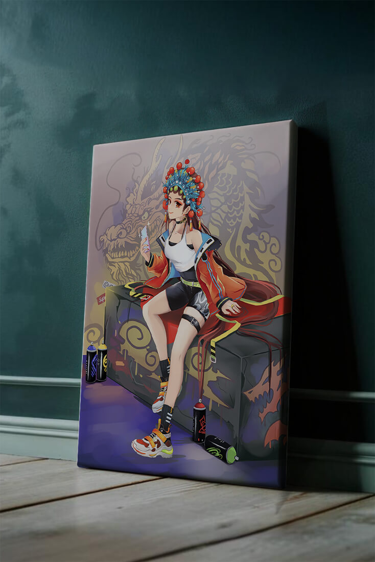 Anime art of a girl in traditional attire with urban elements