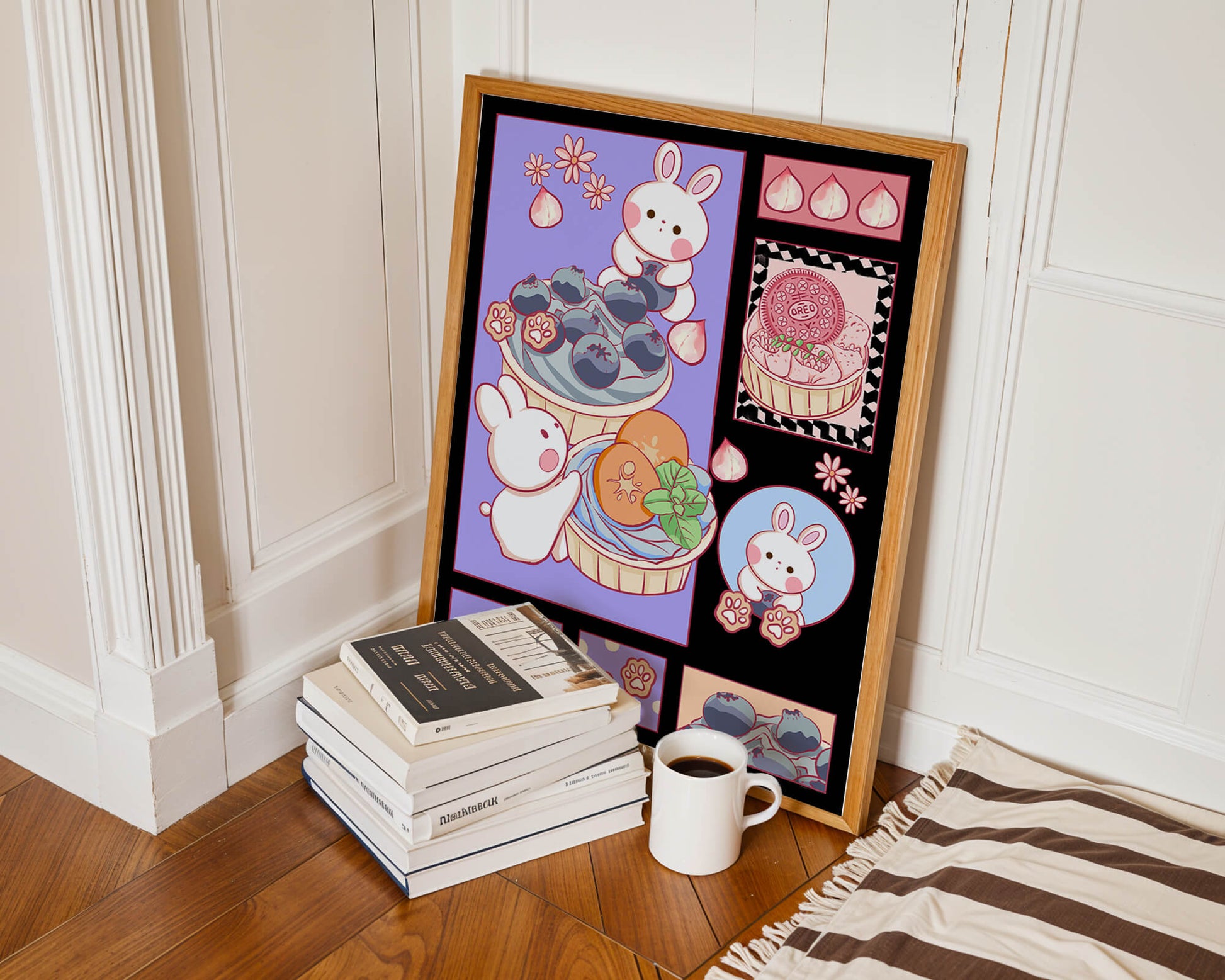 Conejos de dibujos animados encantadores con postres y arándanos