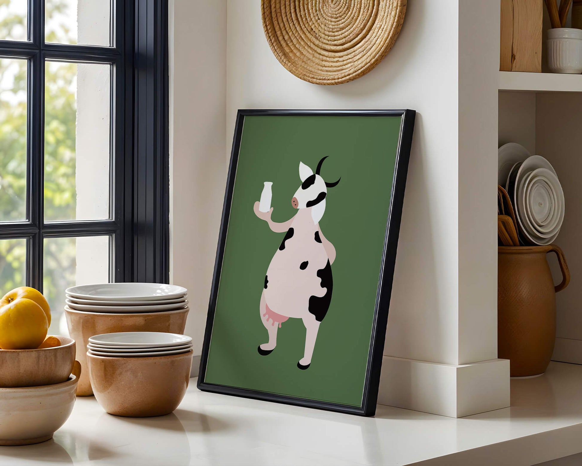 Illustration of anthropomorphic cow holding a milk bottle on green background