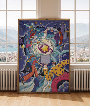 Exploration cosmique colorée avec personnages animés et formes géométriques