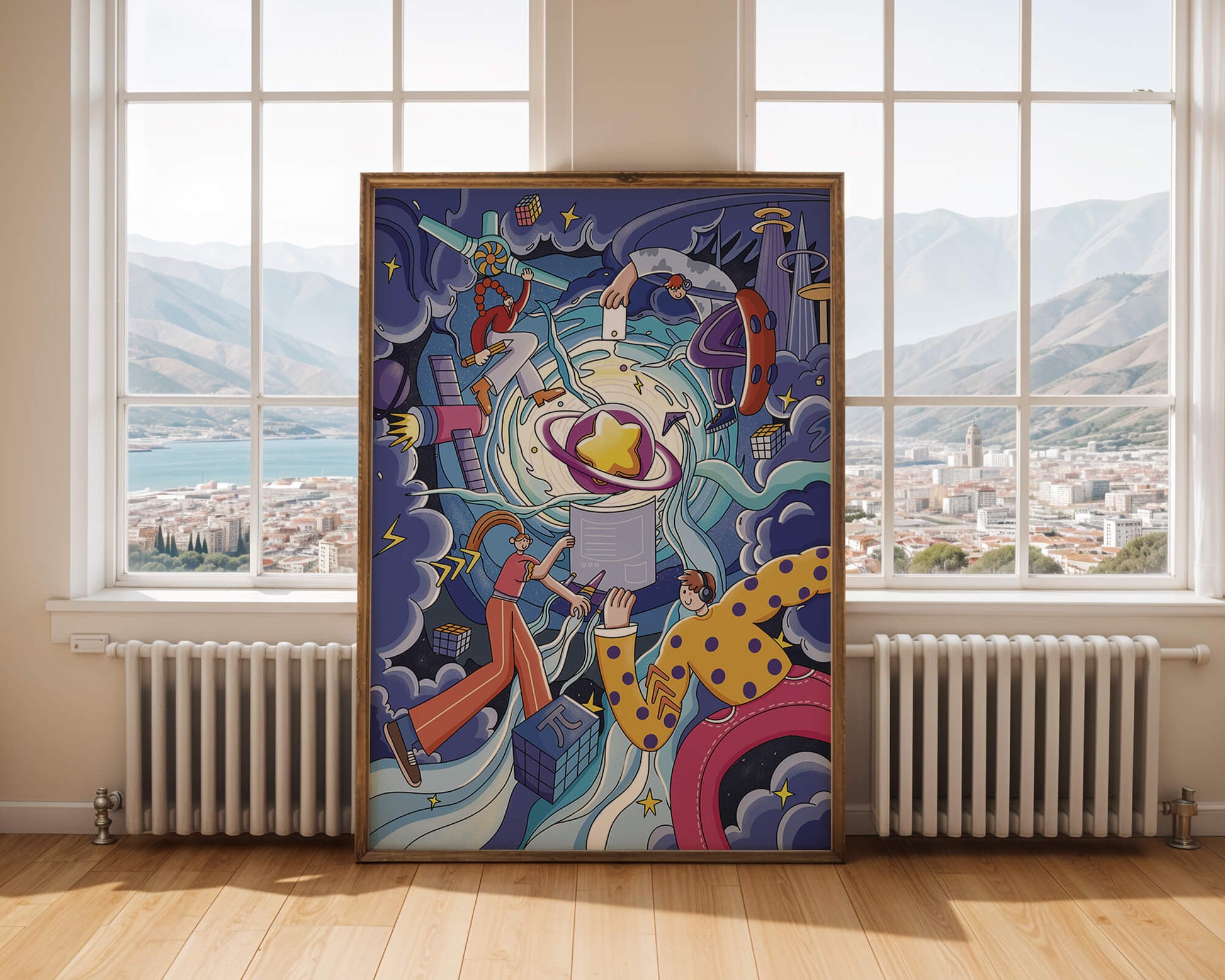 Colorful Cosmic Exploration with Animated Characters and Geometric Shapes