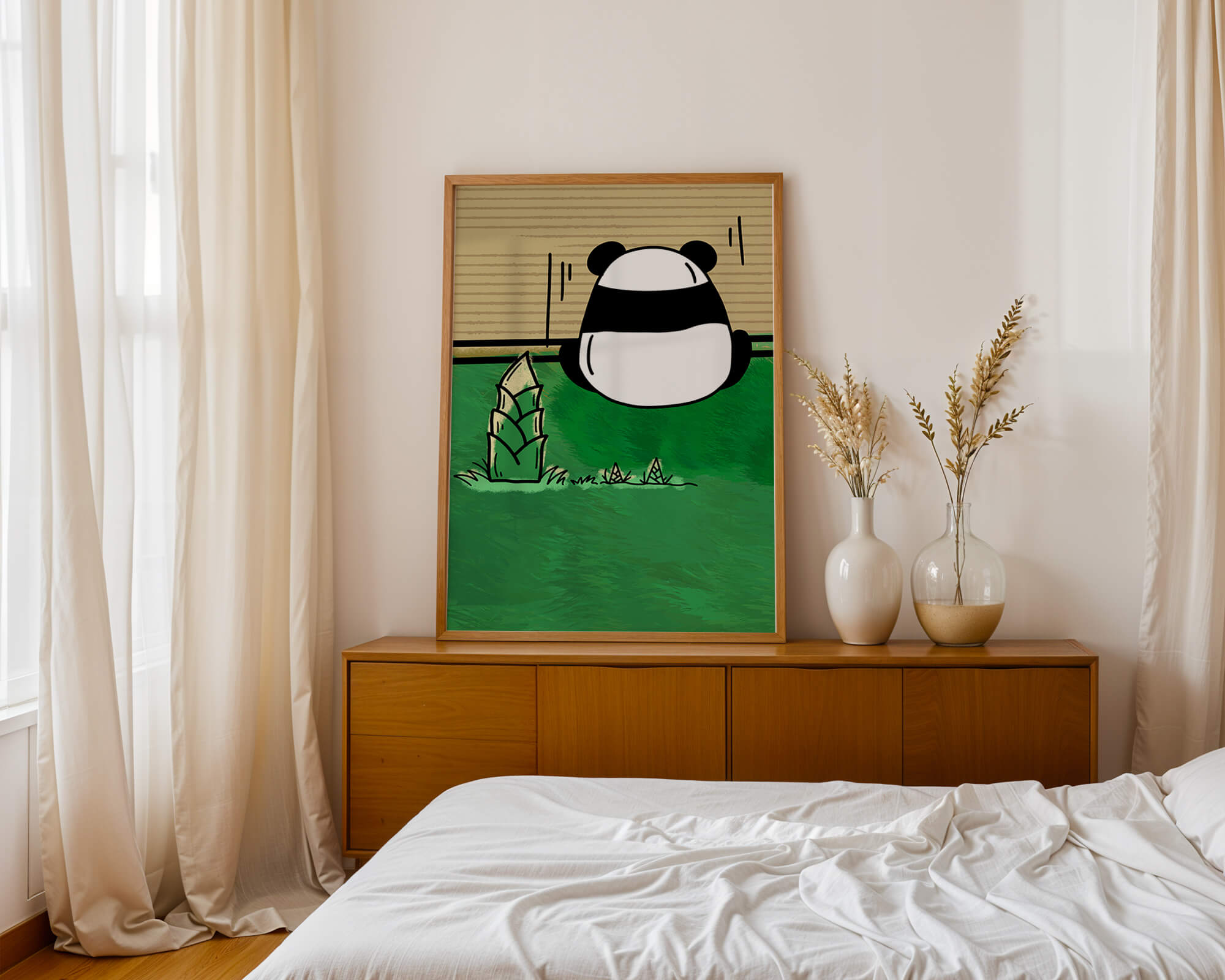 Whimsical panda in a green bamboo forest background