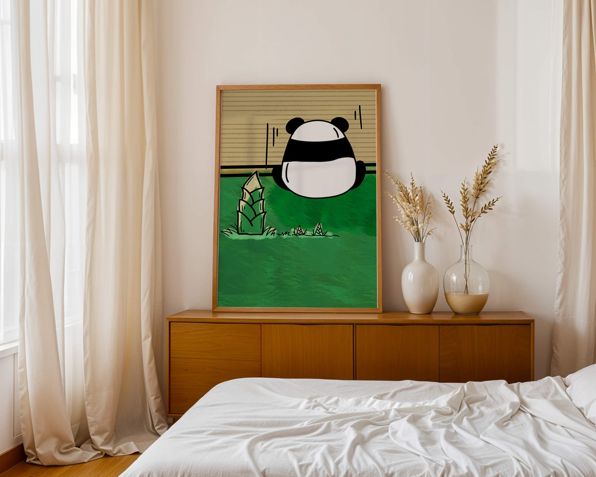 Whimsical panda in a green bamboo forest background
