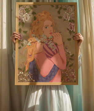 Ilustración floral romántica de una mujer con cabello largo y flores en flor