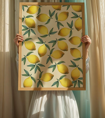 Vibrant lemon pattern with green leaves on a light background