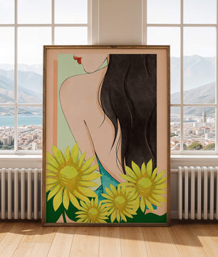 Ilustración de una mujer elegante con girasoles y cabello largo y oscuro