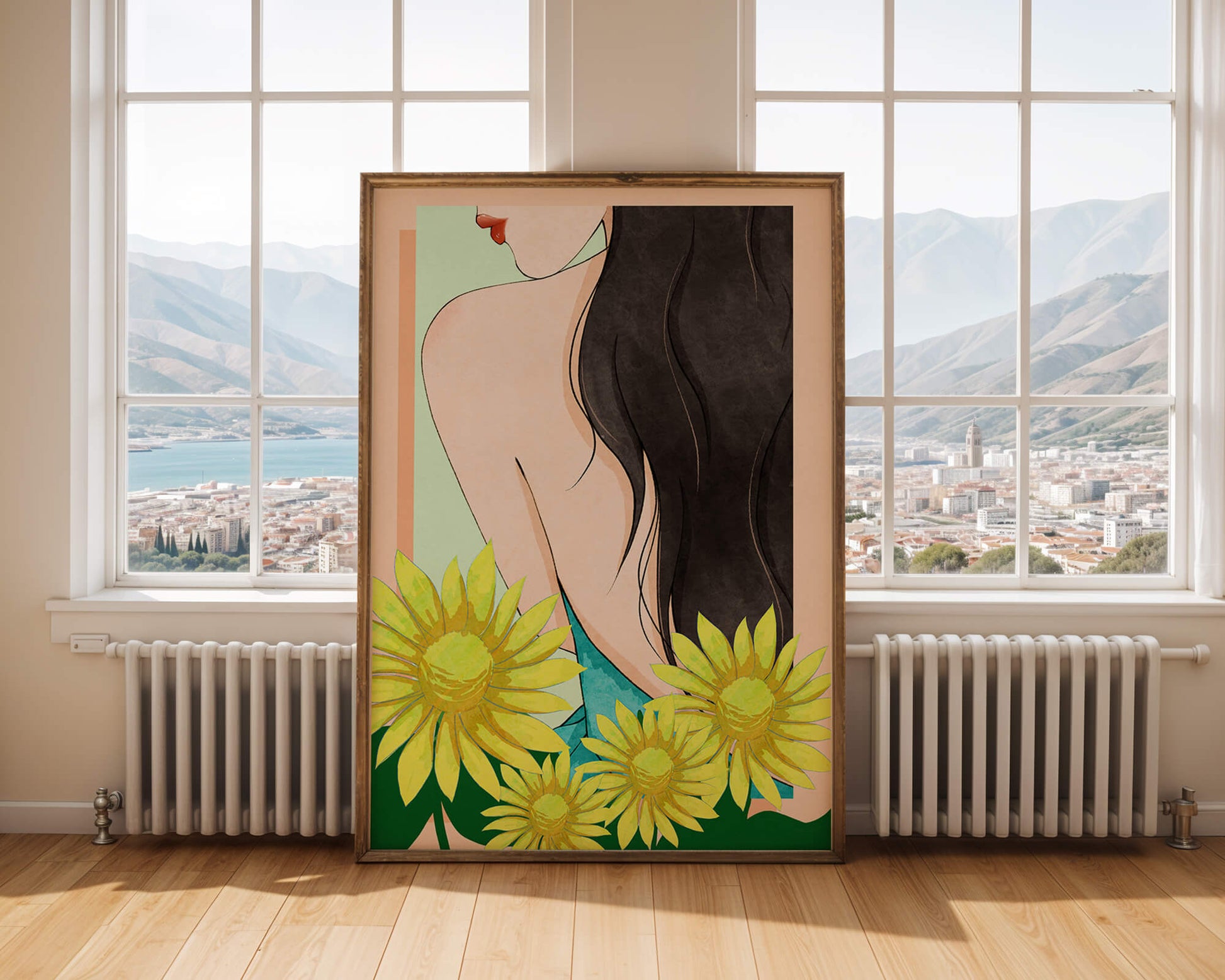 Ilustración de una mujer elegante con girasoles y cabello largo y oscuro