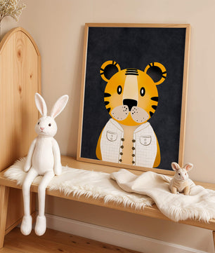Illustration of cute cartoon tiger character in stylish outfit on dark background