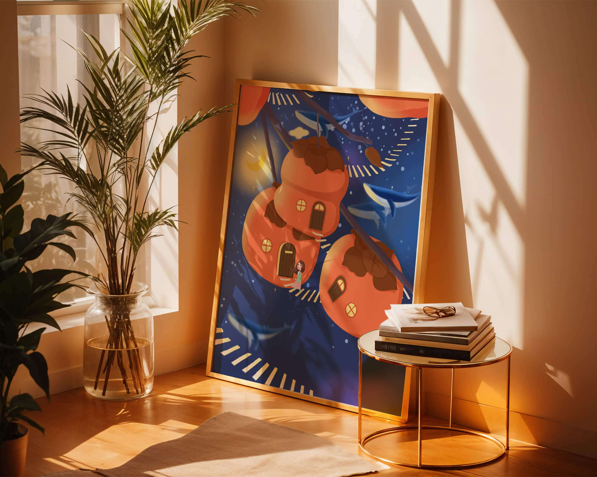 Whimsical night scene with floating persimmon houses and swimming whales