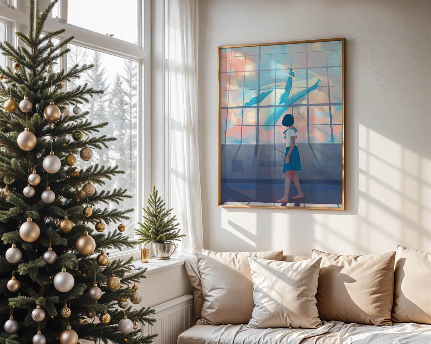 Young girl looking at a giant whale through a large window