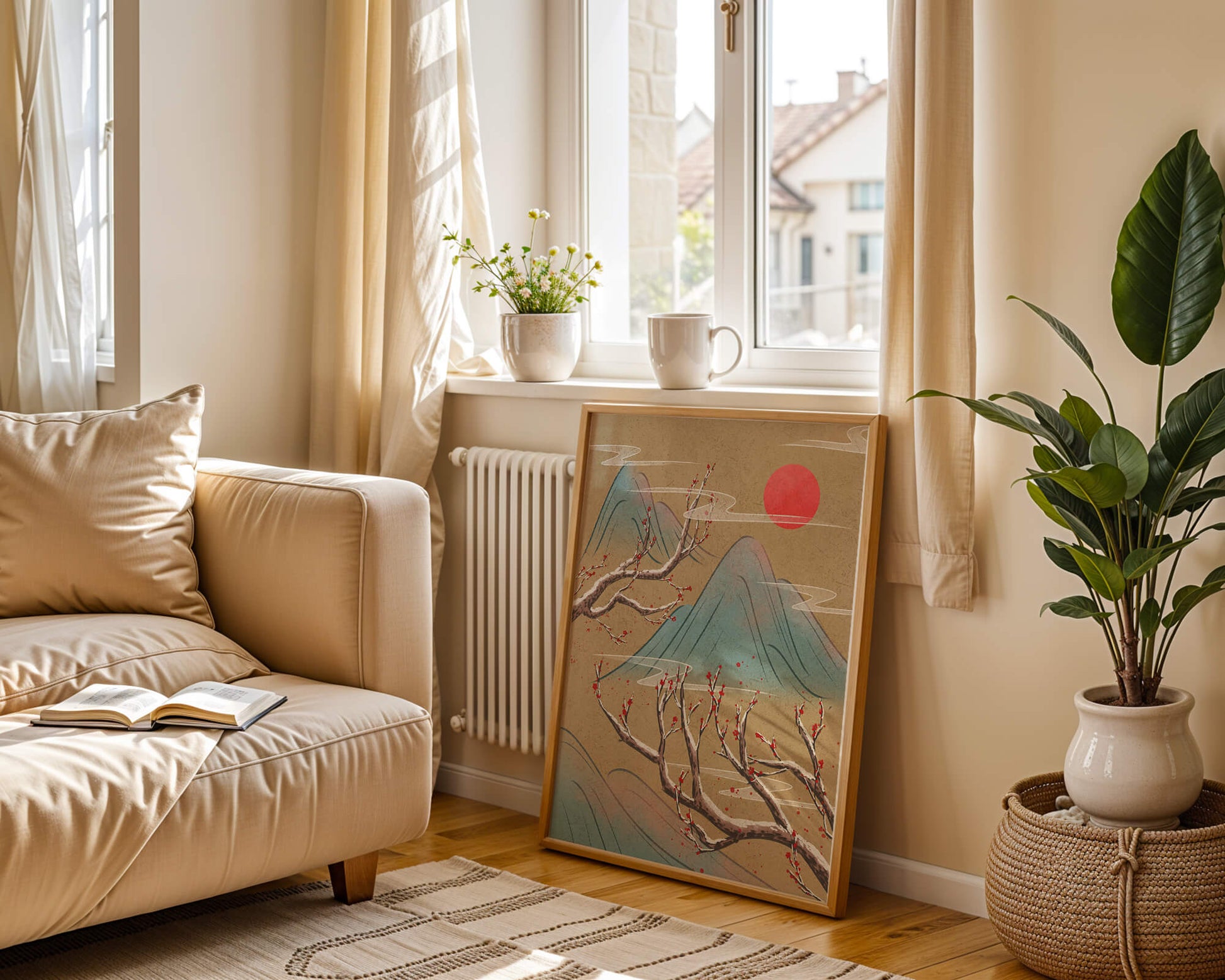 Tranquil landscape with cherry blossom and red sun