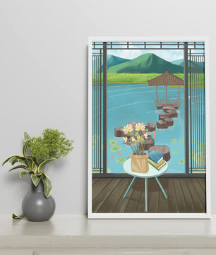 Scenic view from a room overlooking a tranquil water garden with stepping stones and mountains