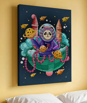 Whimsical space panda illustration with planets and stars