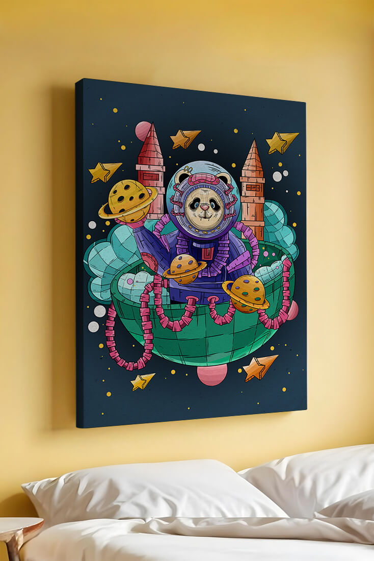 Whimsical space panda illustration with planets and stars