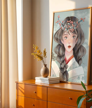 Illustration d'une jeune femme avec une coiffe florale sur fond de ciel nuageux