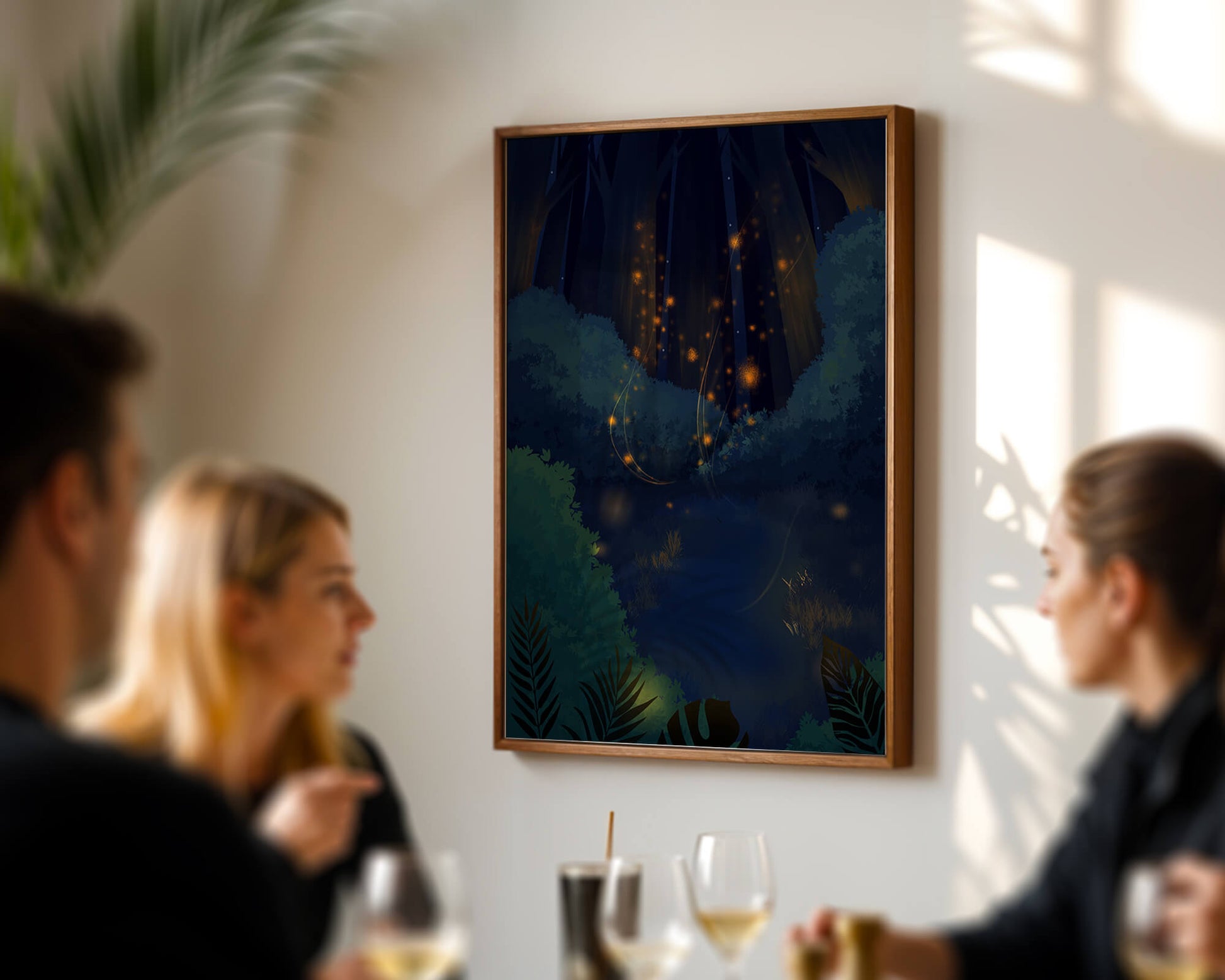 Enchanted night forest with glowing fireflies and dense foliage