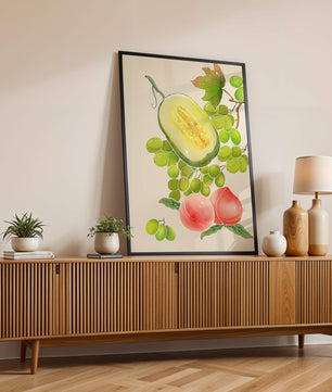 Ilustración de frutas vibrantes que incluye uvas, melón y duraznos