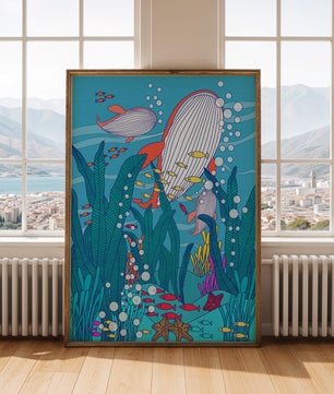 Underwater world illustration with whales and fish amidst seaweed