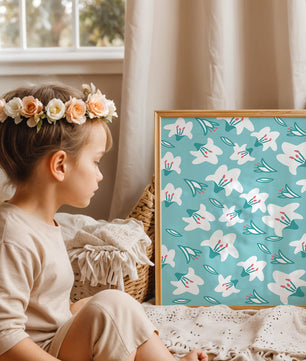 Motif floral avec des lys blancs sur un fond turquoise