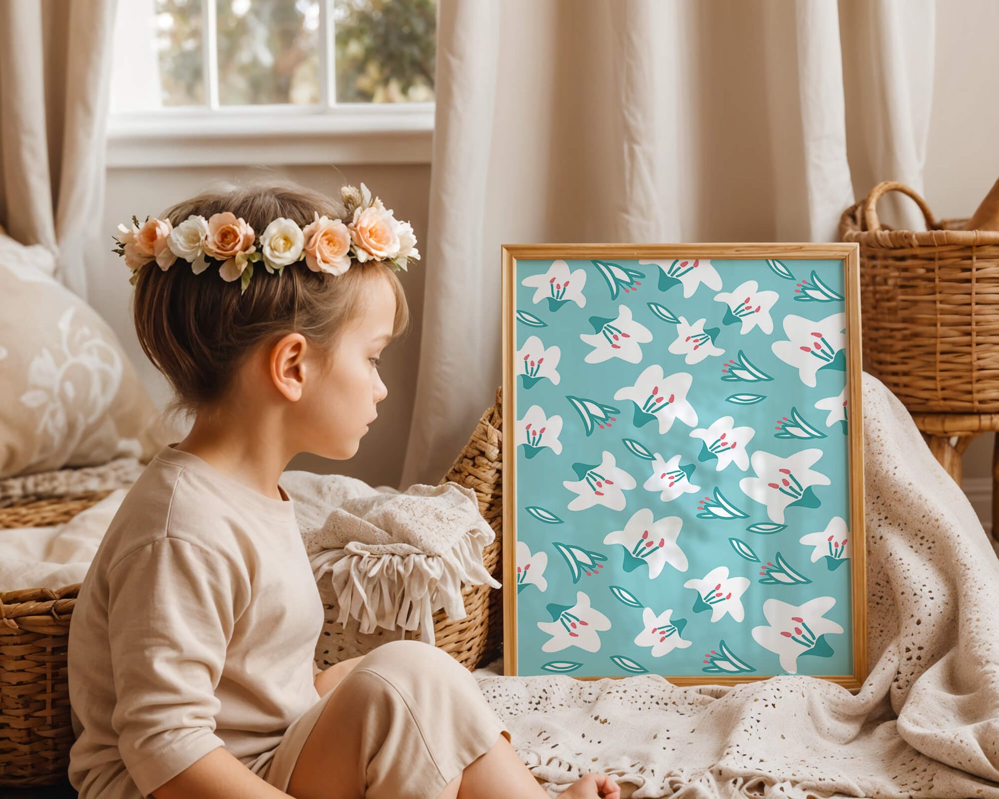 Floral pattern with white lilies on a turquoise background