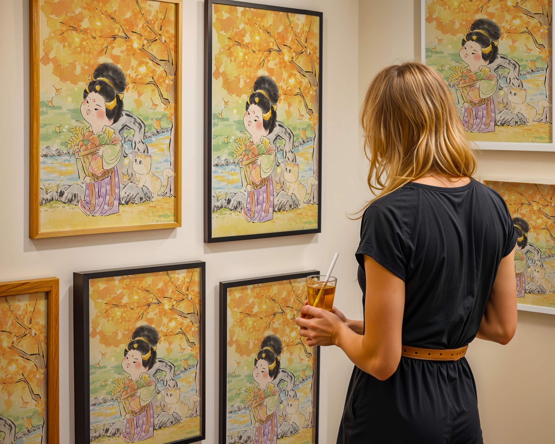 Charming watercolor scene of girl with basket in autumn setting