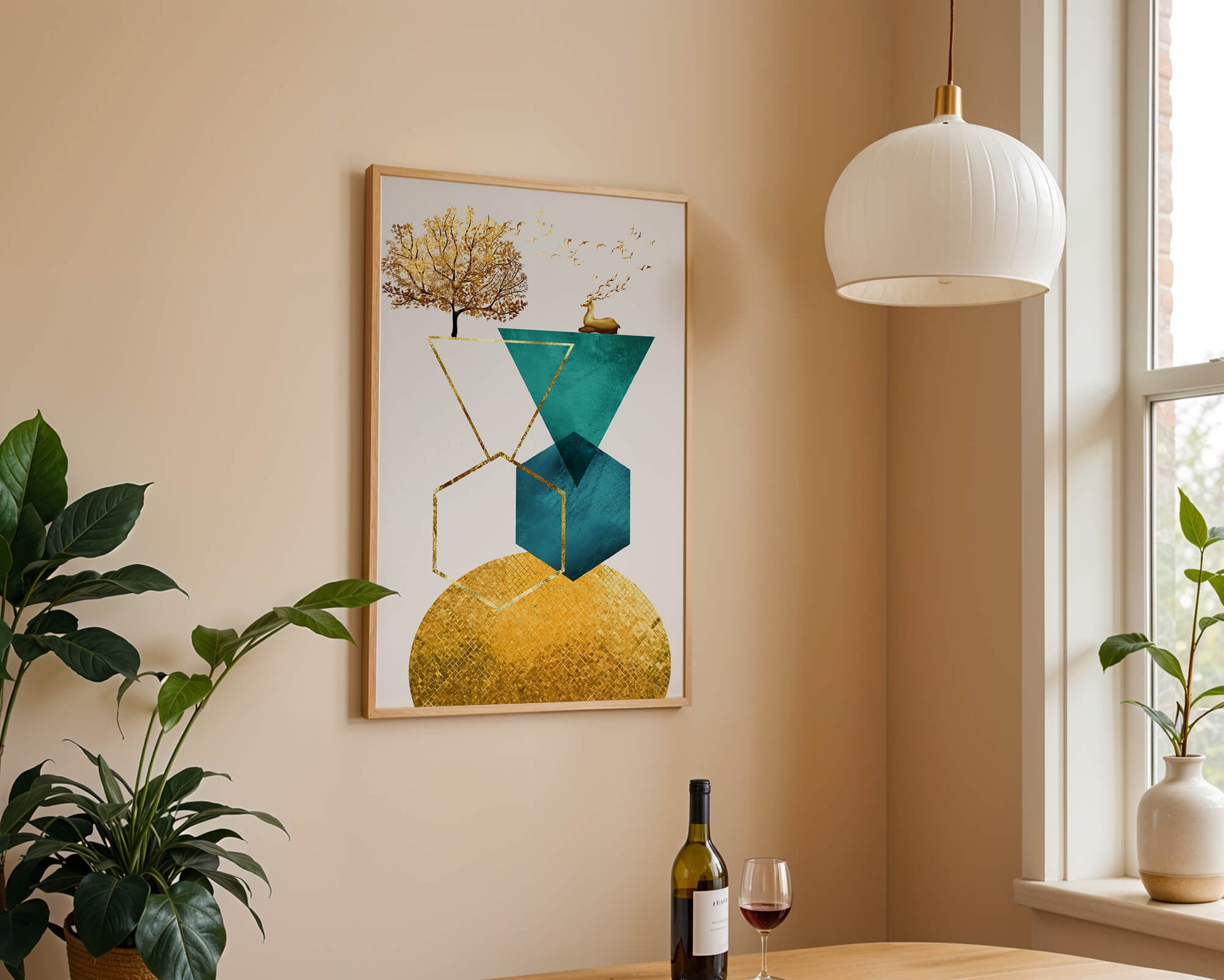 Abstract Geometric Composition with Golden Deer and Tree