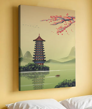 Serene landscape with traditional pagoda and blooming cherry blossoms