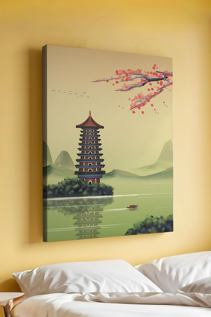 Serene landscape with traditional pagoda and blooming cherry blossoms