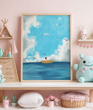 Peaceful seascape illustration with a boat and birds