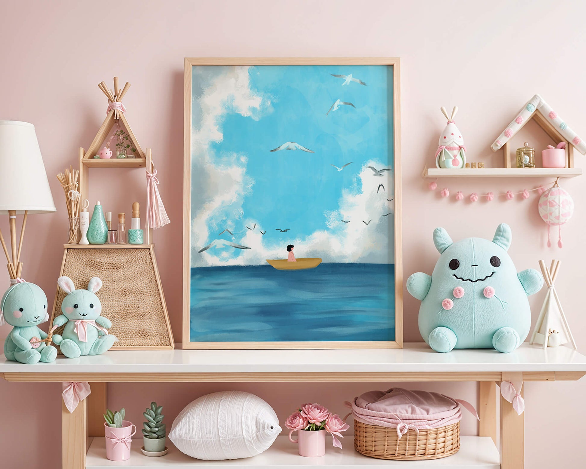 Peaceful seascape illustration with a boat and birds