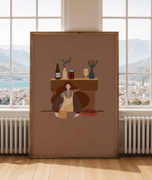 Escena acogedora con mujer junto a la chimenea y elementos decorativos