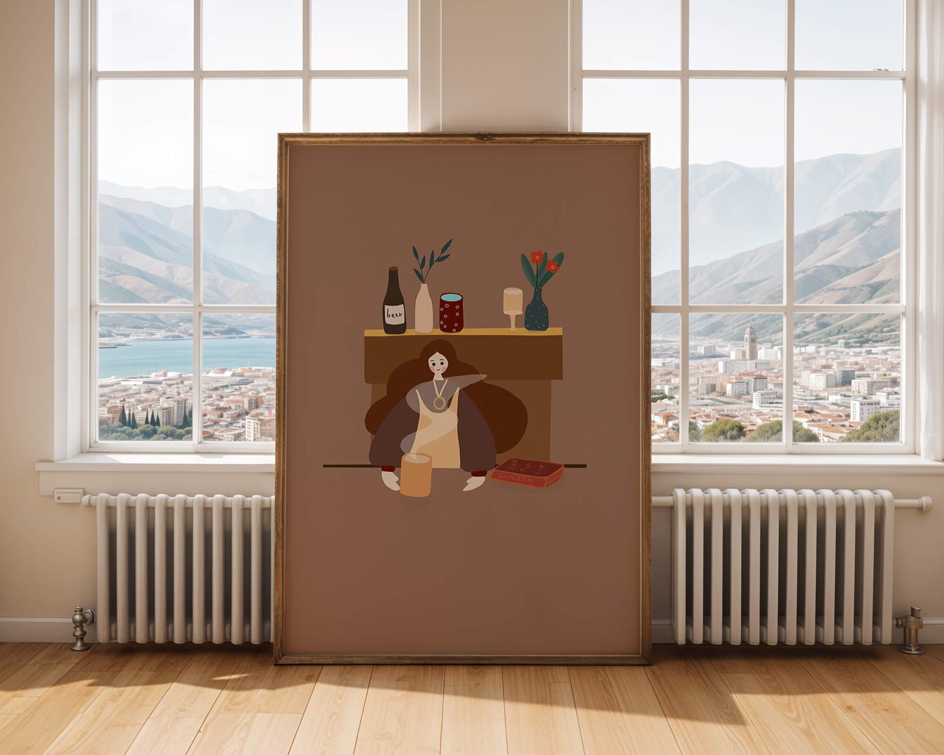 Escena acogedora con mujer junto a la chimenea y elementos decorativos