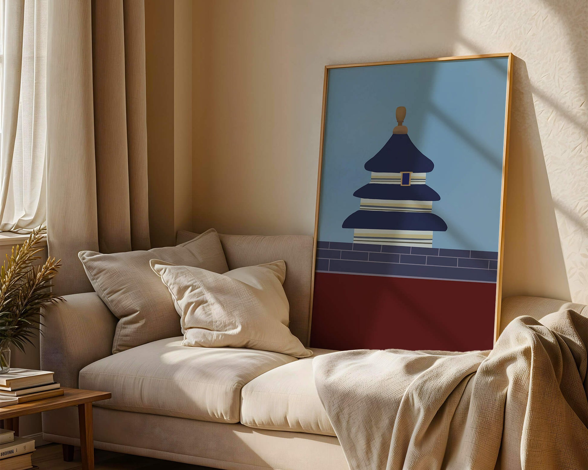 Ilustración abstracta del Templo del Cielo con detalles azules y dorados